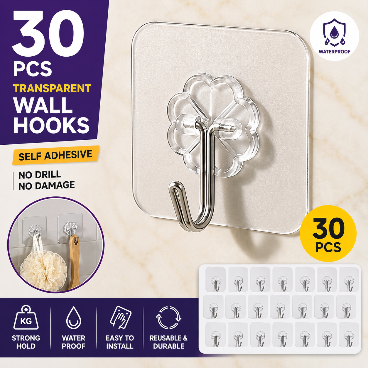30 PCS Heavy Duty Transparent Self Adhesive Wall Hooks